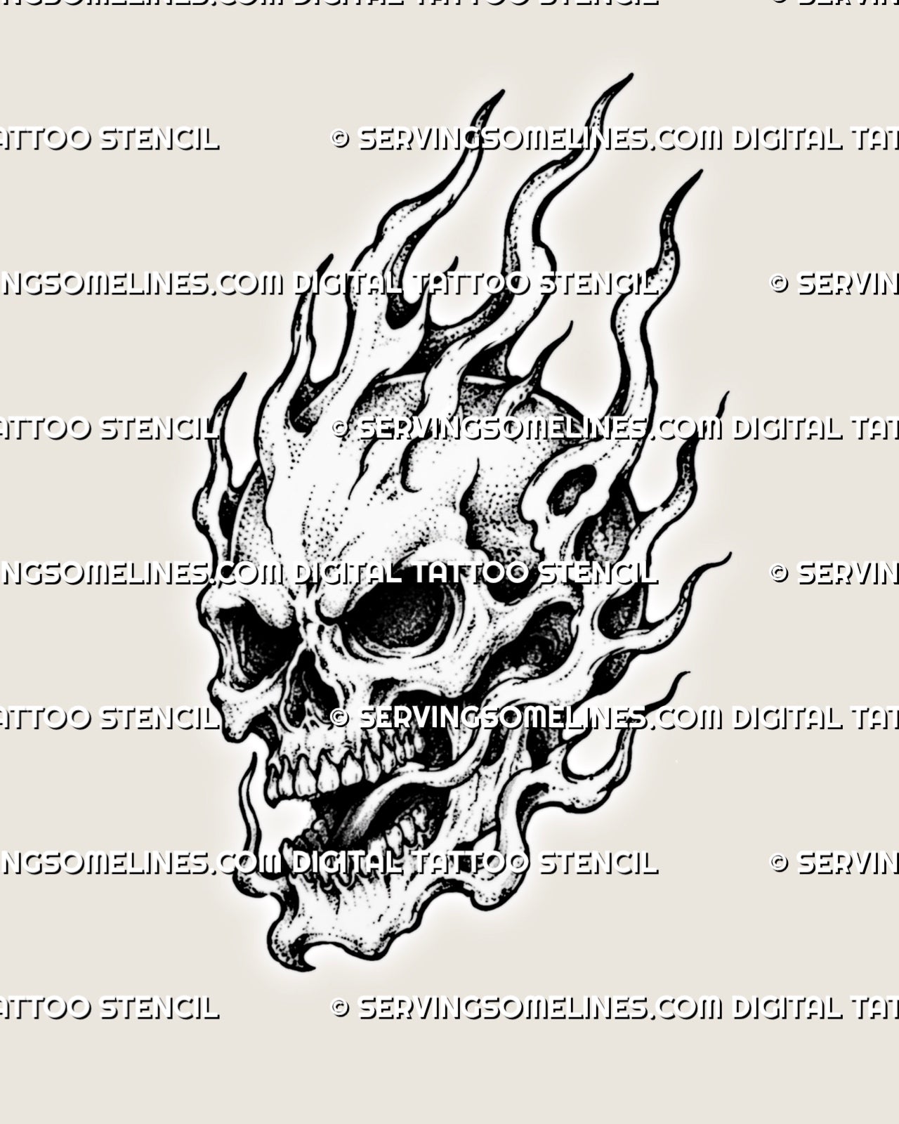Flaming skull tattoo stencil with a three-quarter skull, open jaw, exposed teeth, deep eye sockets, rising flames, hollow fire openings, and stippled bone shading
