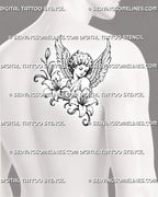 Floral angel tattoo shown across a man’s back shoulder and shoulder blade with a central cherub, spread wings, lilies, and curved stems