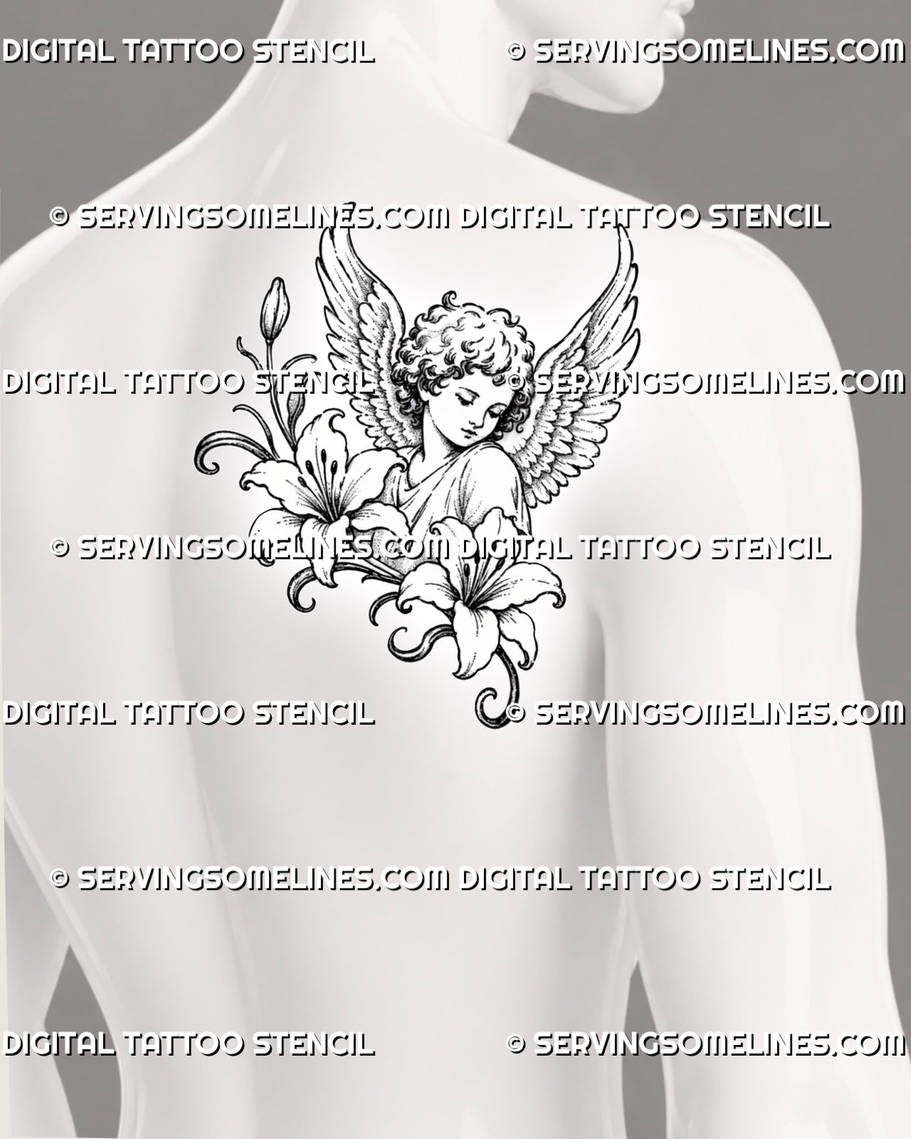 Floral angel tattoo shown across a man’s back shoulder and shoulder blade with a central cherub, spread wings, lilies, and curved stems