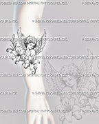 Floral cherub tattoo shown on the forearm with a winged angel, two lilies, flower bud, curved stems, and vintage illustrative linework