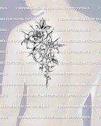 Floral cybersigilism tattoo design shown on mens shoulder placement, with a shaded rose, thorn-like lower structure, and dark linework.