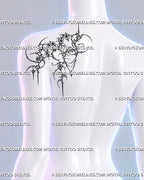 Smaller-scale shoulder placement preview on a woman, showing the same floral cybersigilism design with cherry blossoms, thorned curves and hanging jewelry details.