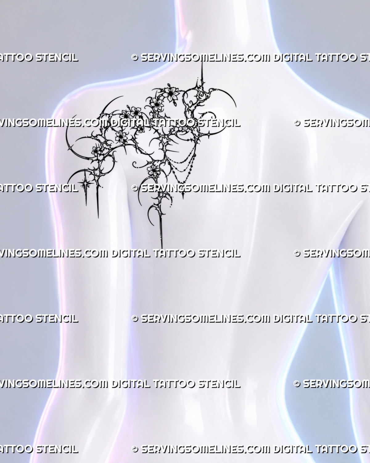 Smaller-scale shoulder placement preview on a woman, showing the same floral cybersigilism design with cherry blossoms, thorned curves and hanging jewelry details.