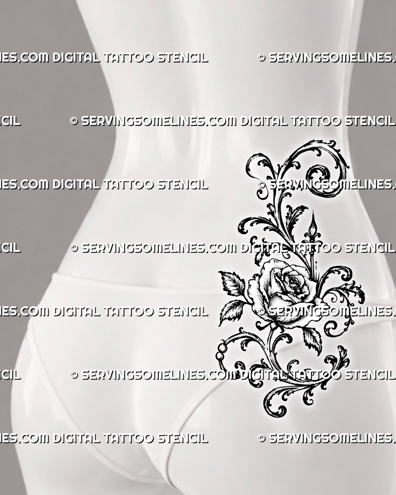 Floral filigree tattoo shown on the side of women’s lower back with a central rose, asymmetrical baroque scrollwork, botanical leaves, and flowing curls