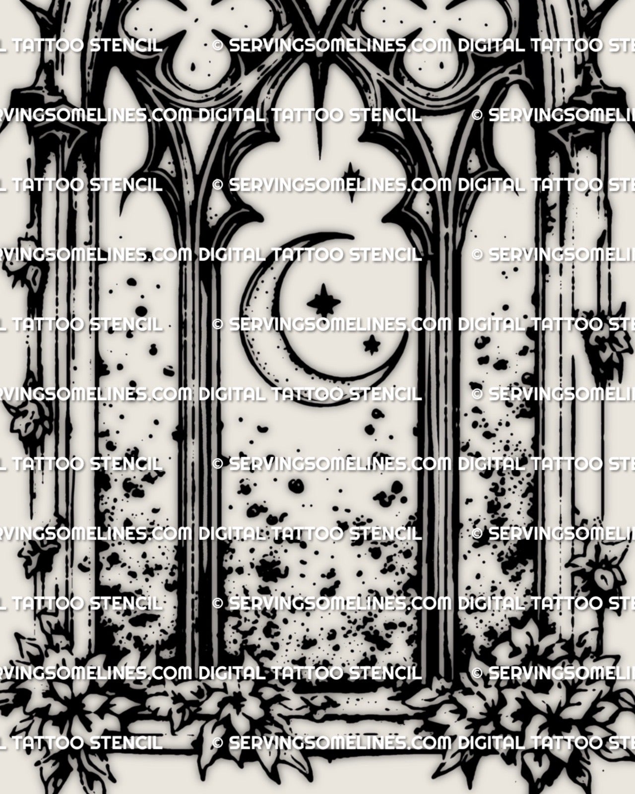 Floral gothic cathedral heart tattoo stencil designed as an elegant gothic art tattoo with soft ornamental linework