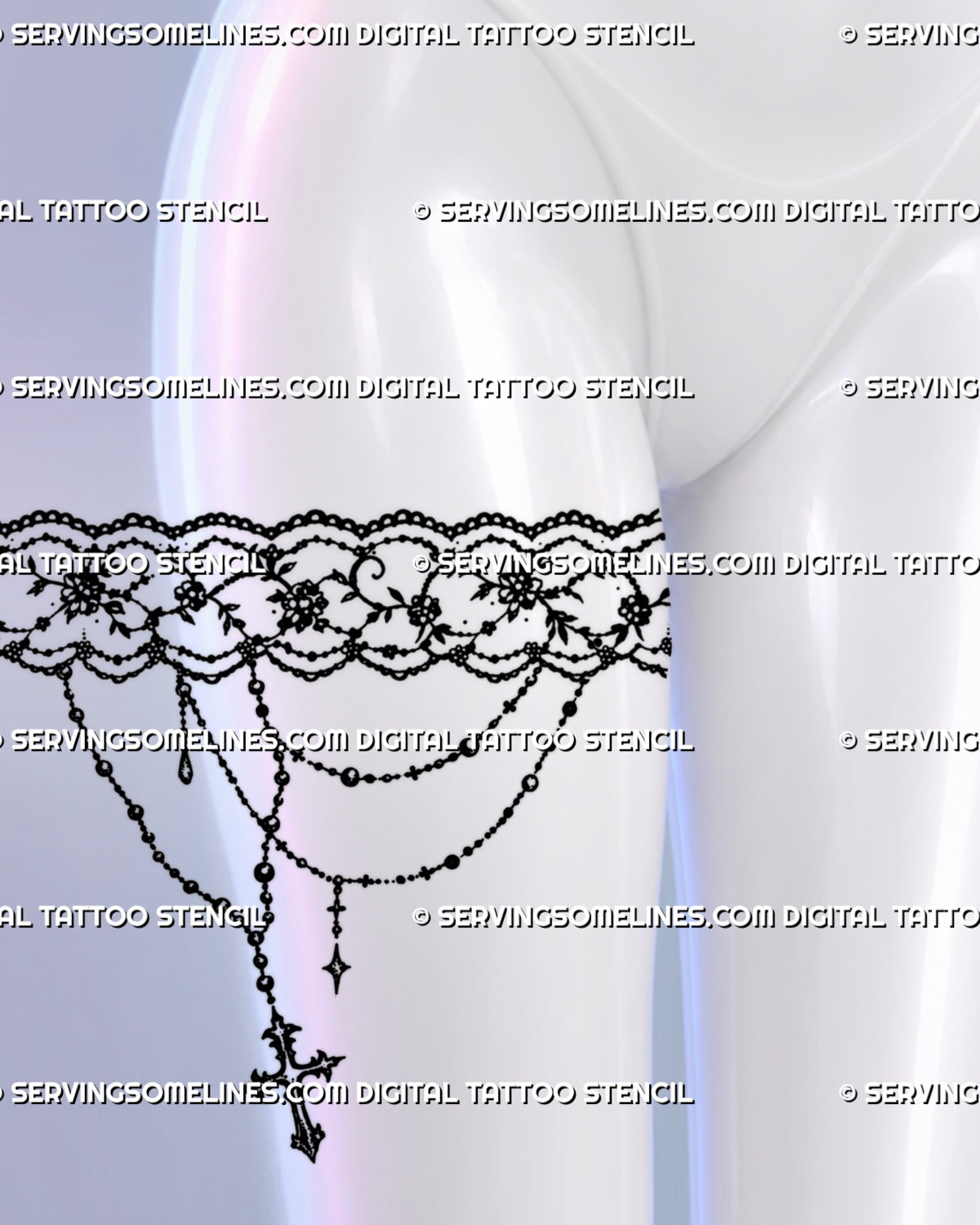 Floral lace thigh band tattoo shown on a woman’s upper thigh with ornamental flowers, curling vines, jewelry-like chains, and dark feminine garter styling