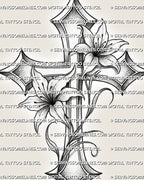 Floral lily cross tattoo stencil with pointed cross structure, curved lily stems, and printable black linework