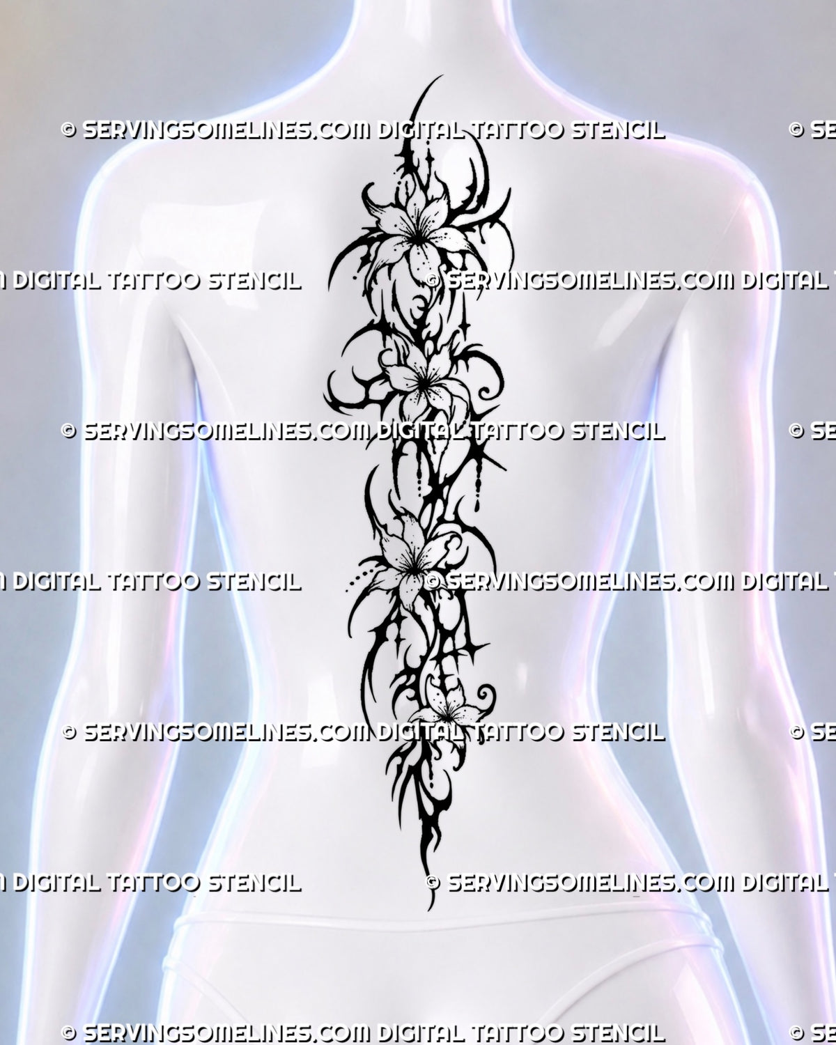 Floral spine tattoo shown on a woman’s center back with four open flowers, flowing dark ornament, sharp black curves, and a long feminine vertical composition