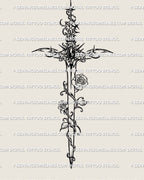 close up rose sword tattoo design showing detailed vines jewel handle and fine line blade work for high resolution stencil clarity
