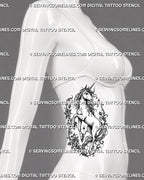 Floral unicorn tattoo stencil shown on female side body with rearing unicorn, roses, flowing mane, curved vines, and vertical fantasy tattoo layout