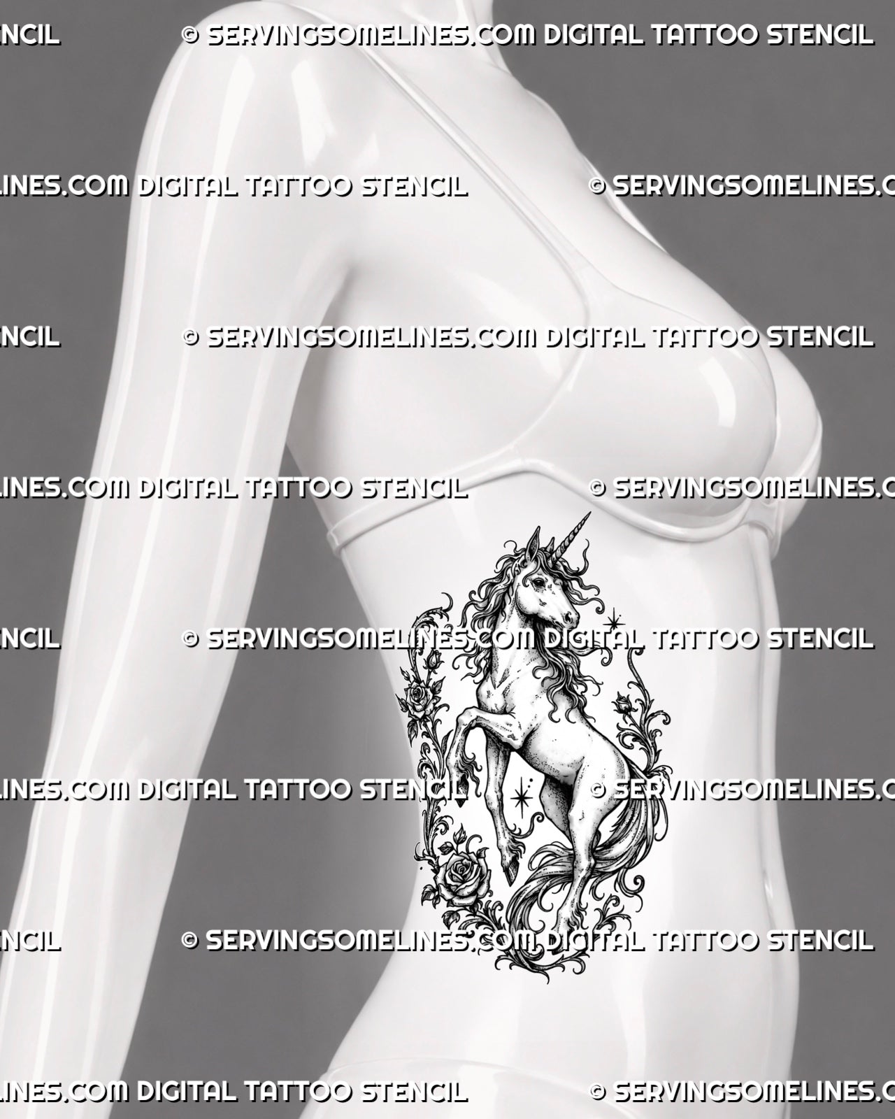 Floral unicorn tattoo stencil shown on female side body with rearing unicorn, roses, flowing mane, curved vines, and vertical fantasy tattoo layout