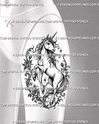 Floral unicorn tattoo stencil shown on female thigh with full-body unicorn, roses, curling vines, star accents, and elegant fantasy shape