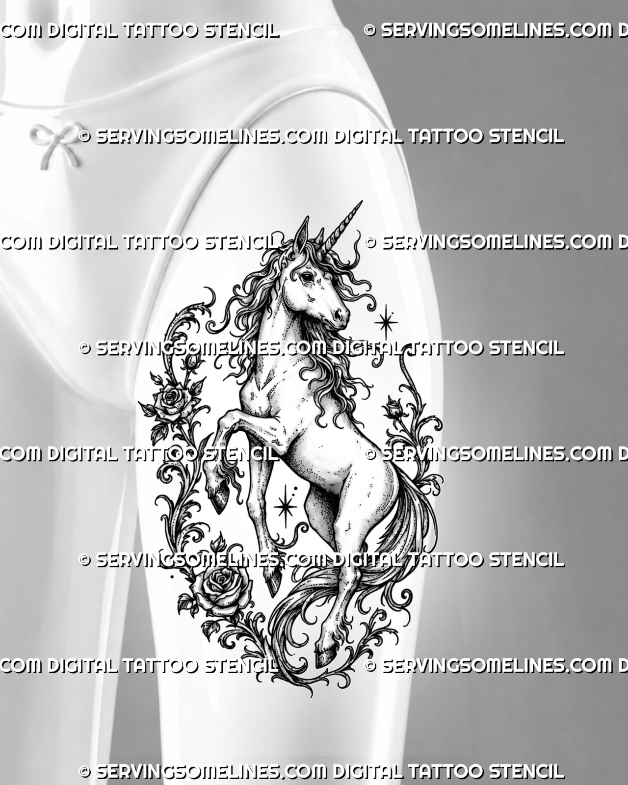Floral unicorn tattoo stencil shown on female thigh with full-body unicorn, roses, curling vines, star accents, and elegant fantasy shape