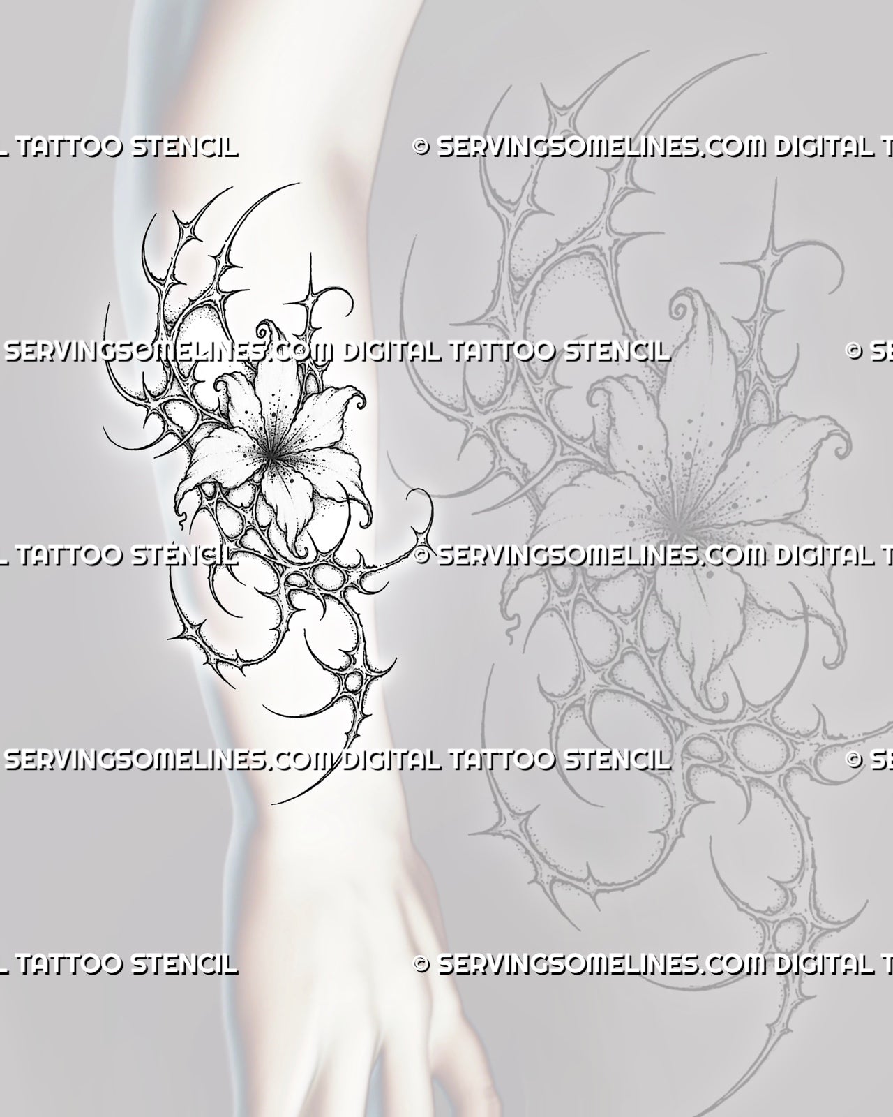 Flower tattoo stencil shown on forearm with cybersigilism linework, ornamental flower design, sharp curved details, and tattoo-ready vertical composition