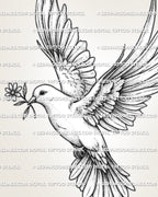 Flying dove tattoo stencil with open wings, clean outline work, small flower, and symbolic peace bird shape.