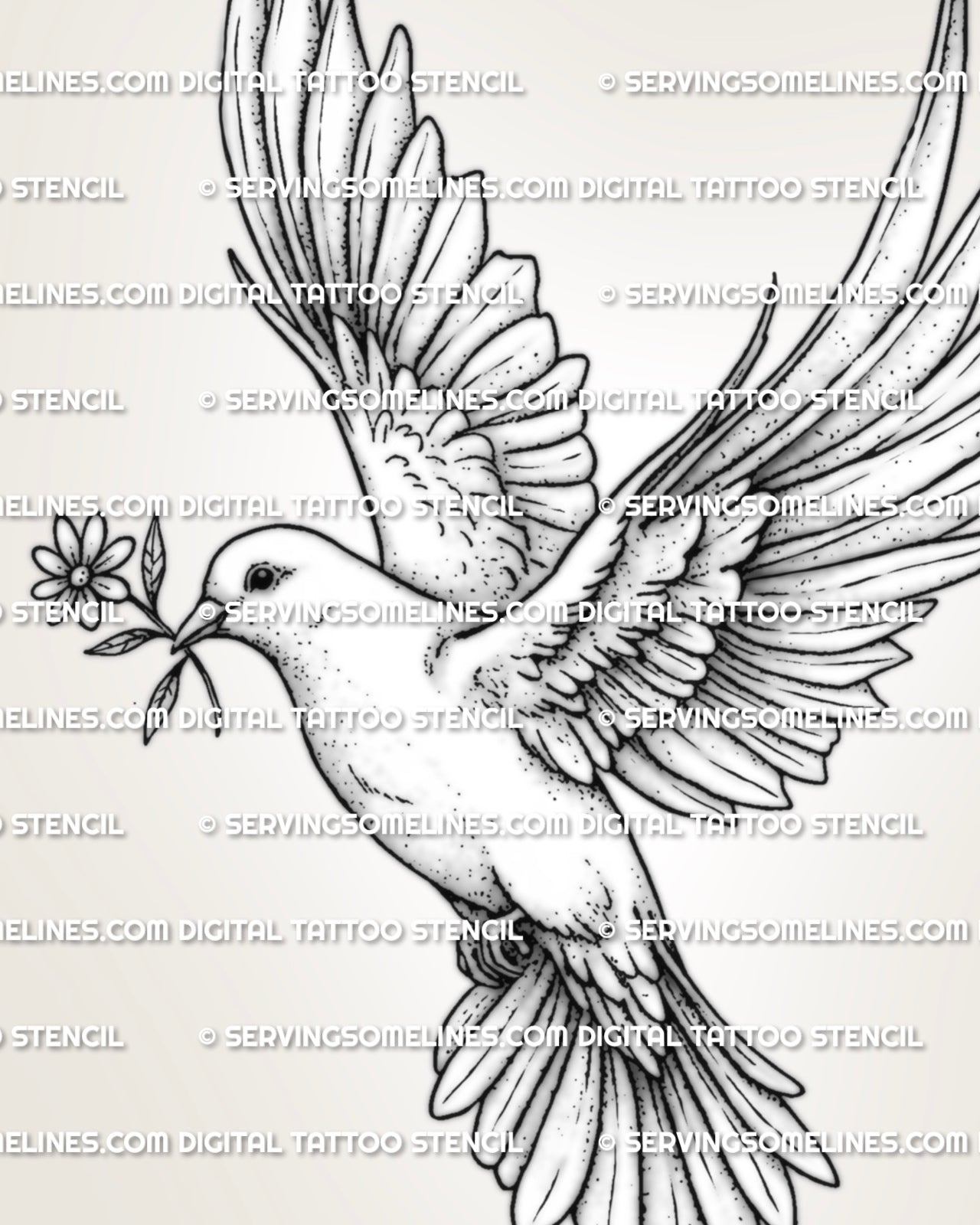 Flying dove tattoo stencil with open wings, clean outline work, small flower, and symbolic peace bird shape.
