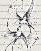 Close-up of a flying swallows tattoo design showing detailed feathers, forked tails, four-point stars, fine dotwork, and curved ornamental linework