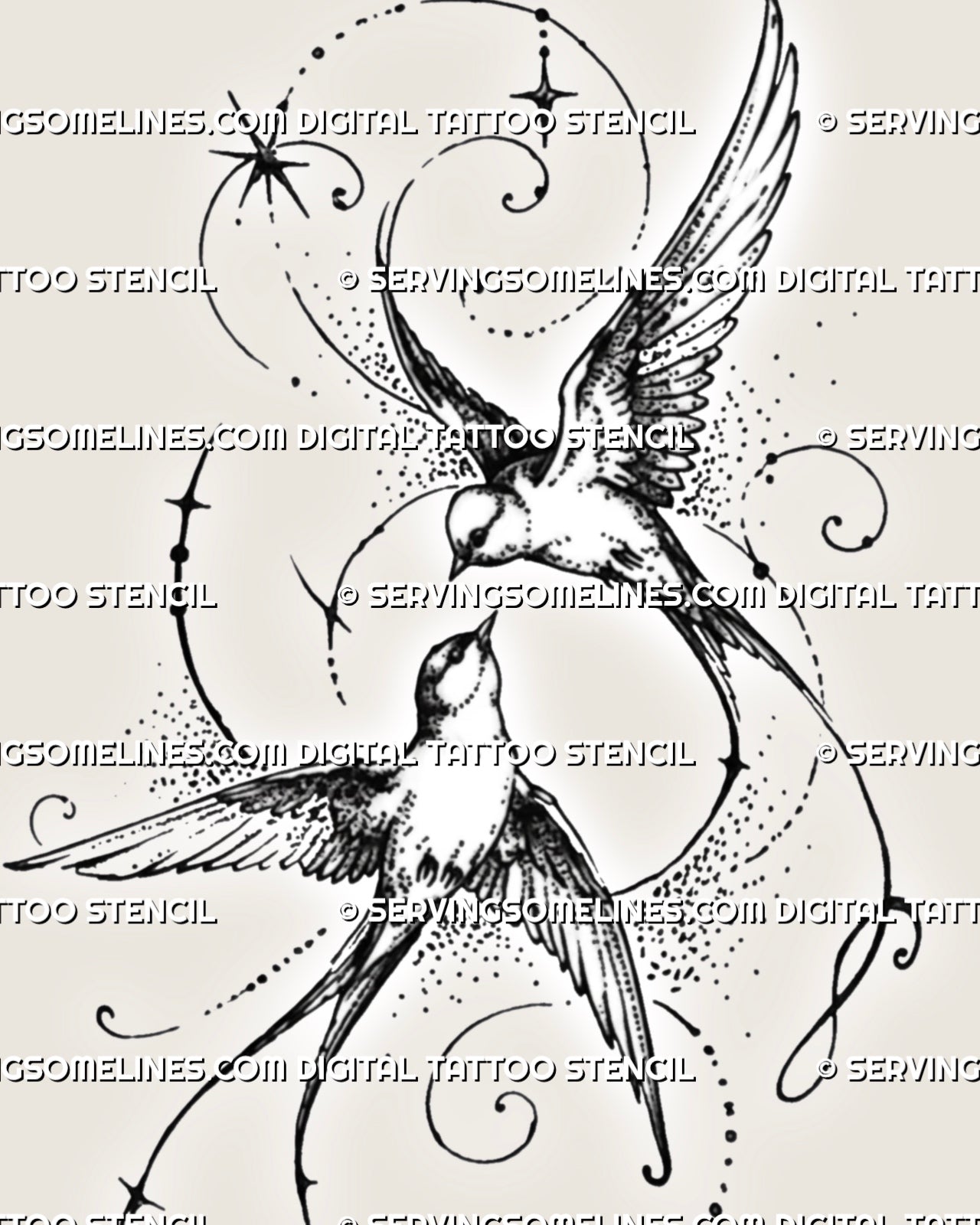Close-up of a flying swallows tattoo design showing detailed feathers, forked tails, four-point stars, fine dotwork, and curved ornamental linework