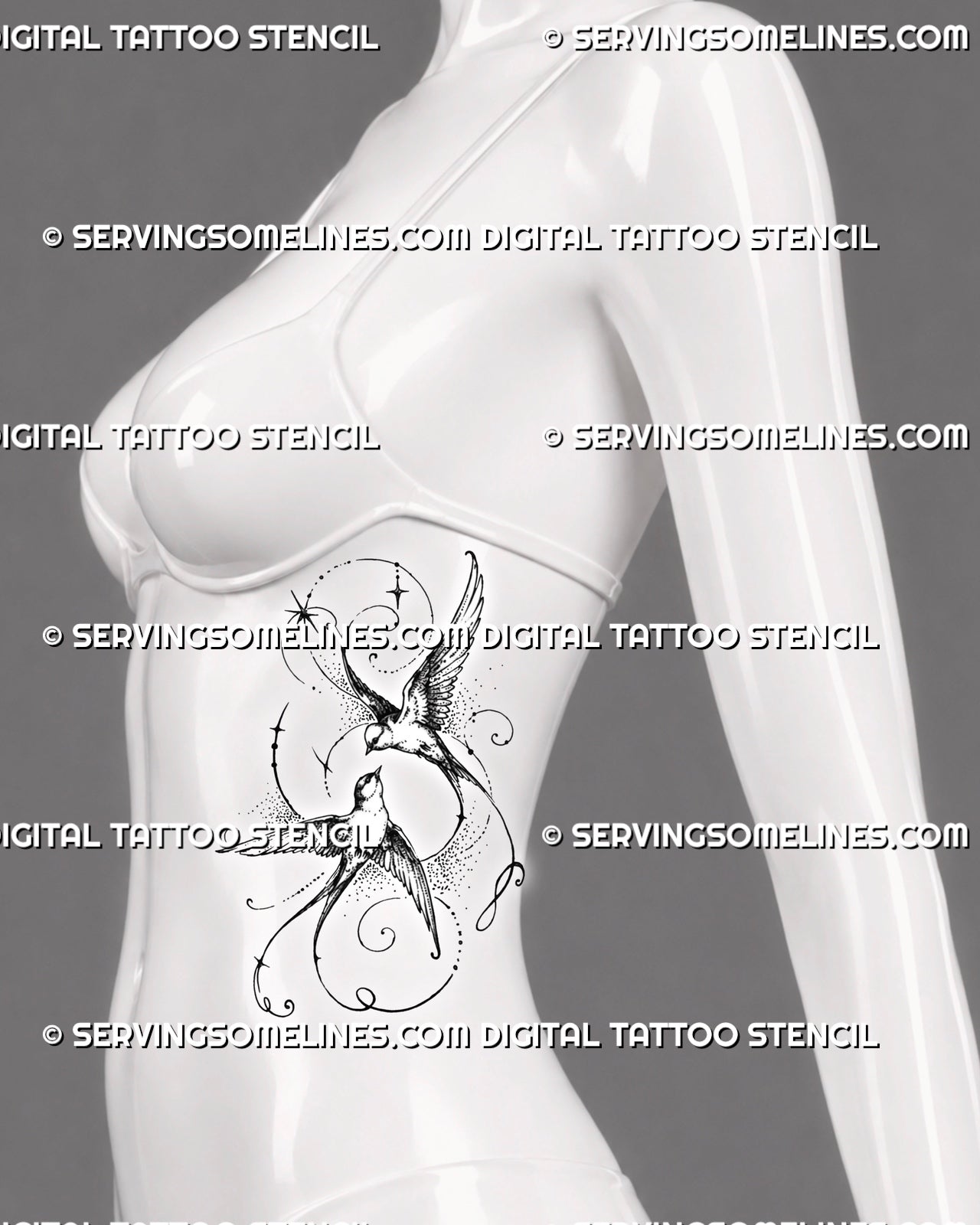 Flying swallows tattoo shown on a woman’s ribs with two detailed birds, spread wings, long forked tails, star accents, and flowing ornamental linework