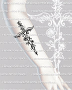 forearm tattoo mockup showing angel wing dagger with rose shading and heart motif, elegant feminine weapon design on arm
