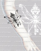 Gothic fairy wings key tattoo stencil shown on forearm placement example, ornate winged key silhouette with heart crest, clean outline.