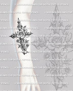 Forearm rose cross tattoo stencil shown with pointed cross shape, central rose, and thorn vine detail