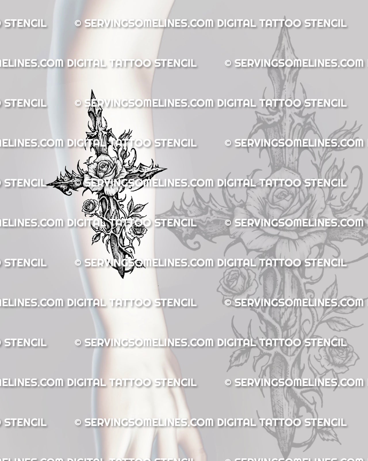 Forearm rose cross tattoo stencil shown with pointed cross shape, central rose, and thorn vine detail