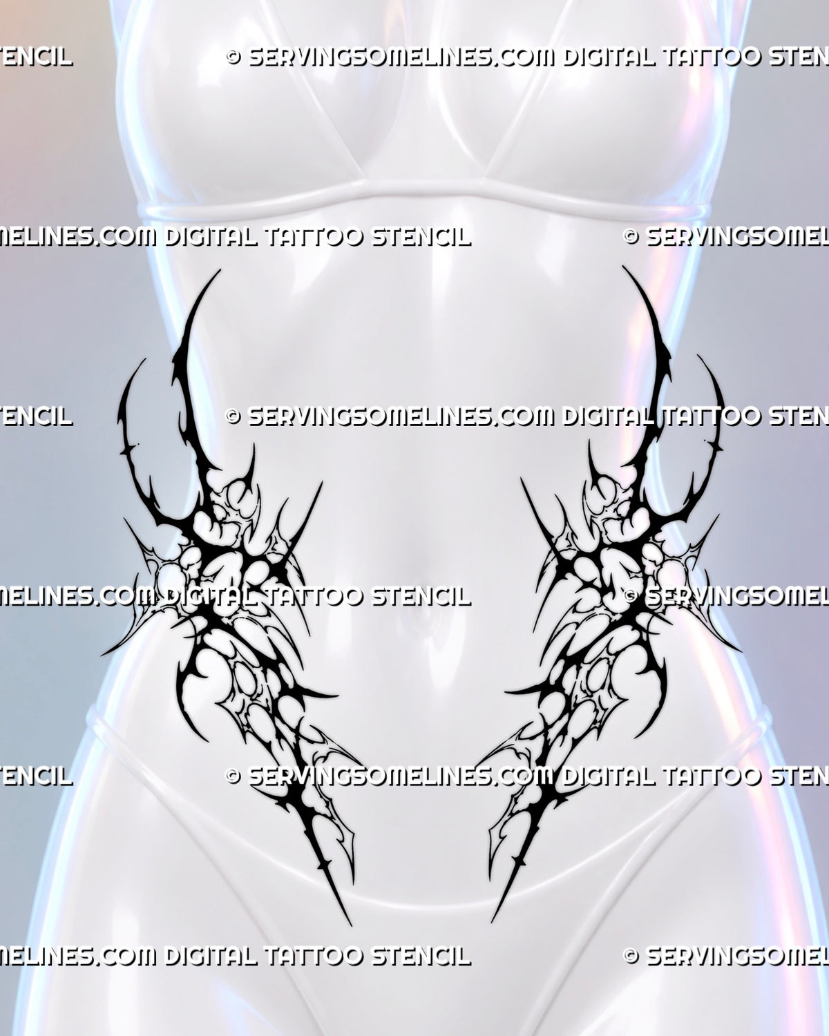 Symmetrical front hip tattoo shown on a woman with black neotribal shapes framing the lower stomach and lighter outlined cybersigilism details
