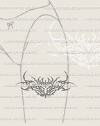 front thigh tattoo mockup showing small cybersigil heart with delicate ornamental lines, feminine minimal tattoo design