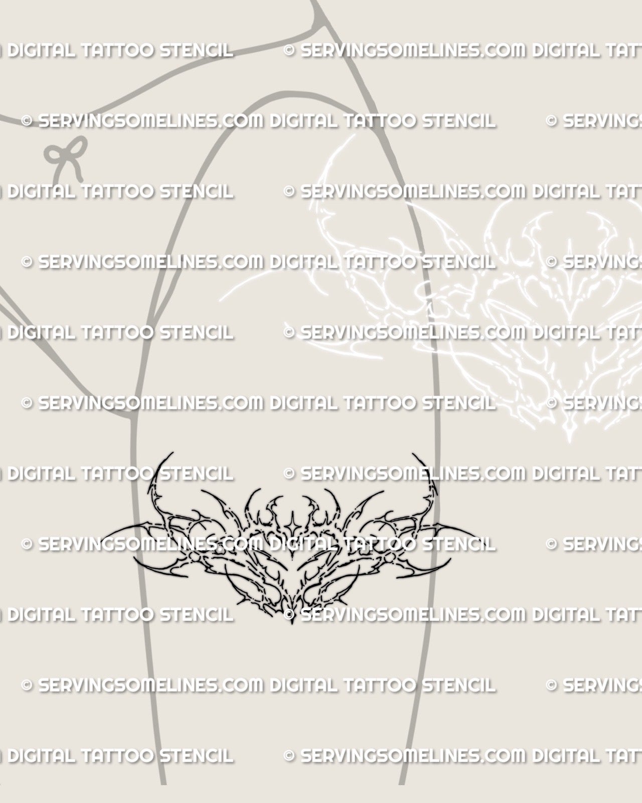 front thigh tattoo mockup showing small cybersigil heart with delicate ornamental lines, feminine minimal tattoo design