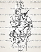 Full-body cyber unicorn tattoo stencil with rearing pose, visible hooves, curved torso, spiral horn, fragmented circles, crescents, and open ornamental framing