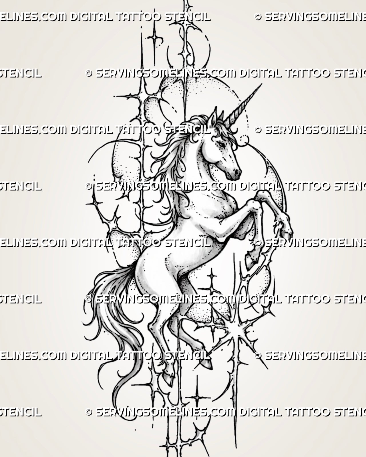Full-body cyber unicorn tattoo stencil with rearing pose, visible hooves, curved torso, spiral horn, fragmented circles, crescents, and open ornamental framing