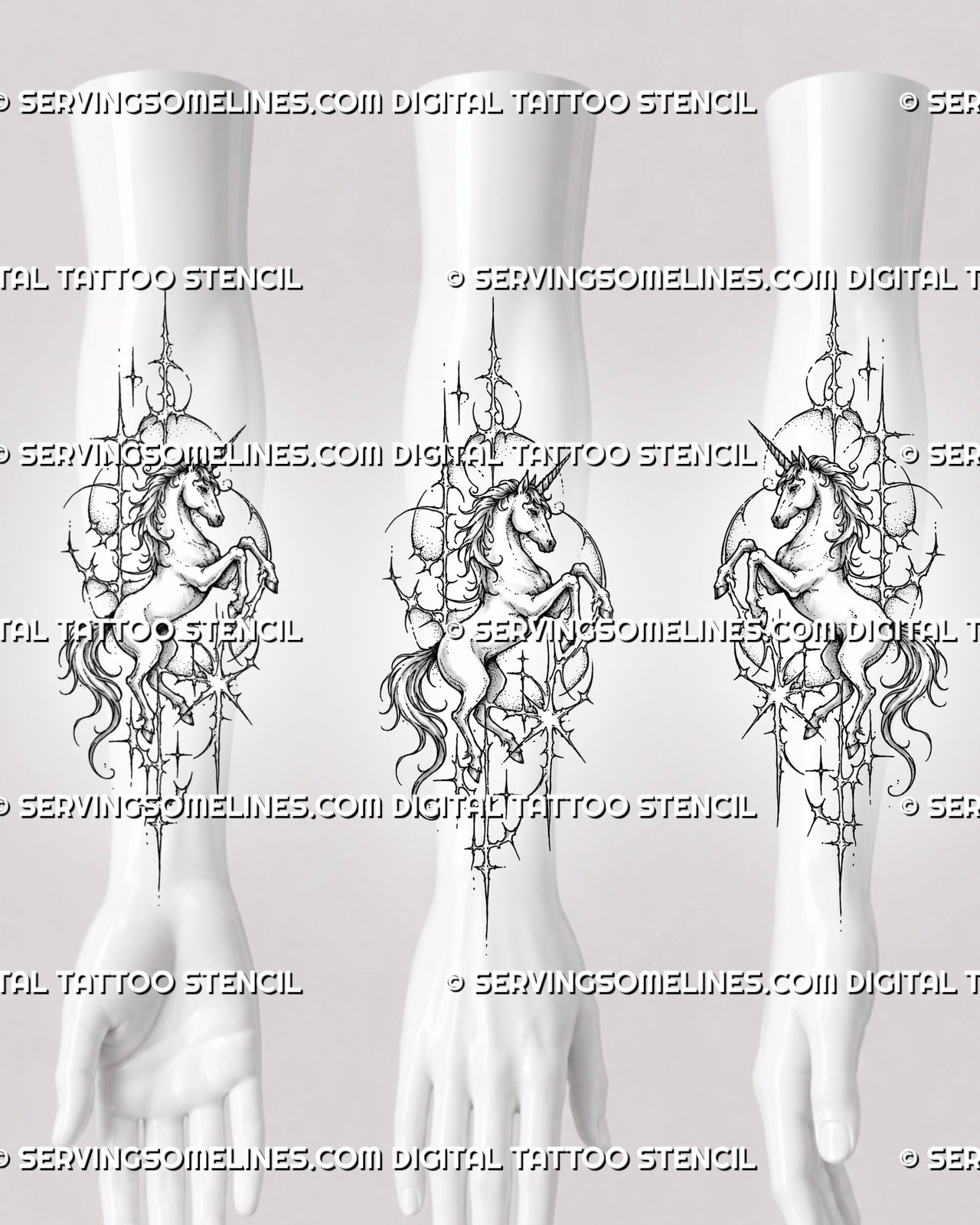 Full-body unicorn tattoo stencil shown on forearm with spiral horn, lifted front legs, sweeping tail, broken circular shapes, and dark cybersigilism linework