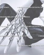 Full-hand cybersigilism tattoo design shown on the back of the hand with finger extensions, cyber tribal linework, open spaces, and connected knuckle flow