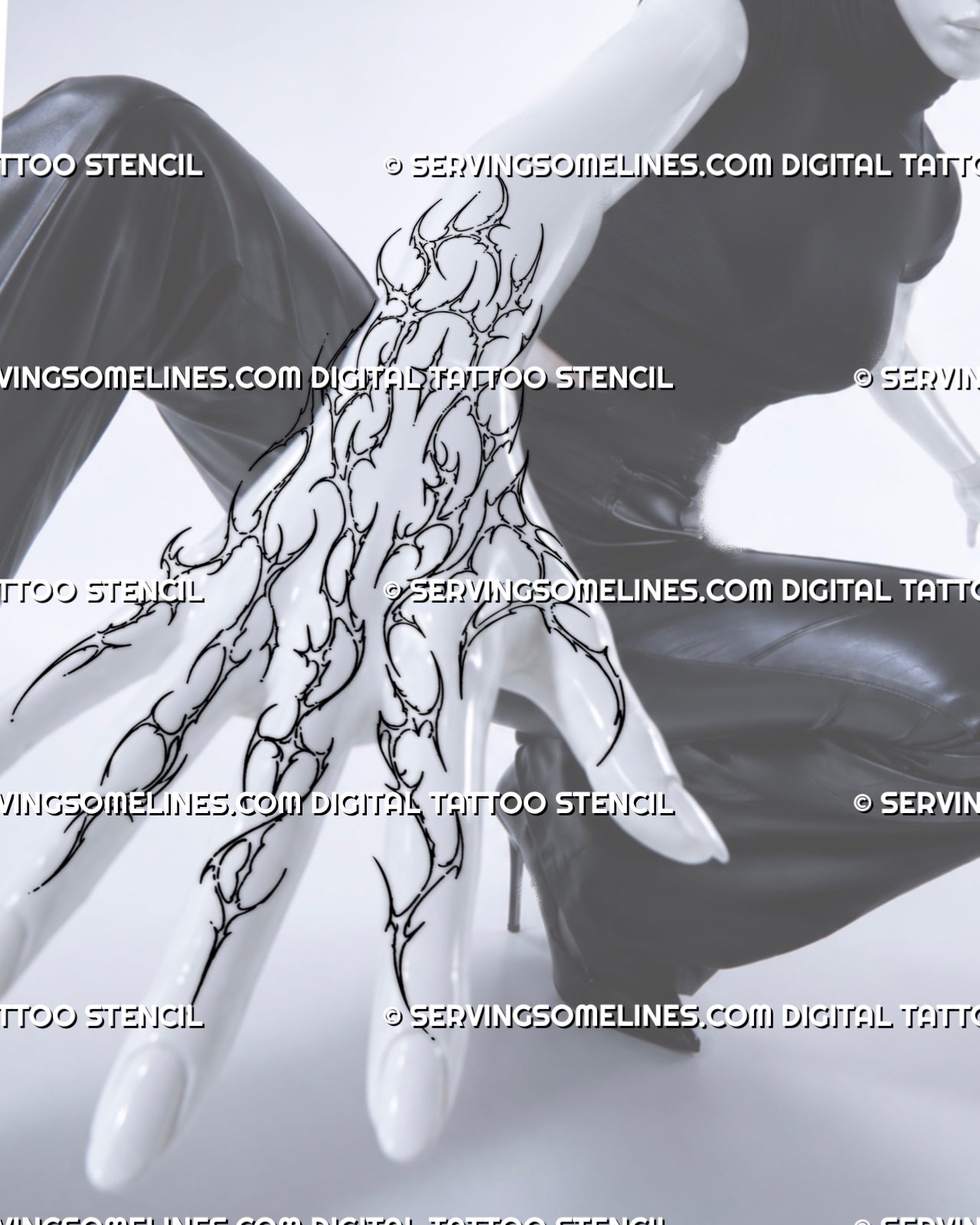 Full-hand cybersigilism tattoo design shown on the back of the hand with finger extensions, cyber tribal linework, open spaces, and connected knuckle flow