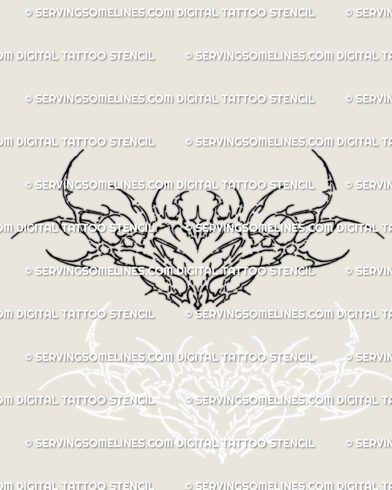 full stencil view of ornamental heart tattoo design with delicate lineart and feminine curves created for stomach chest or sternum tattoos