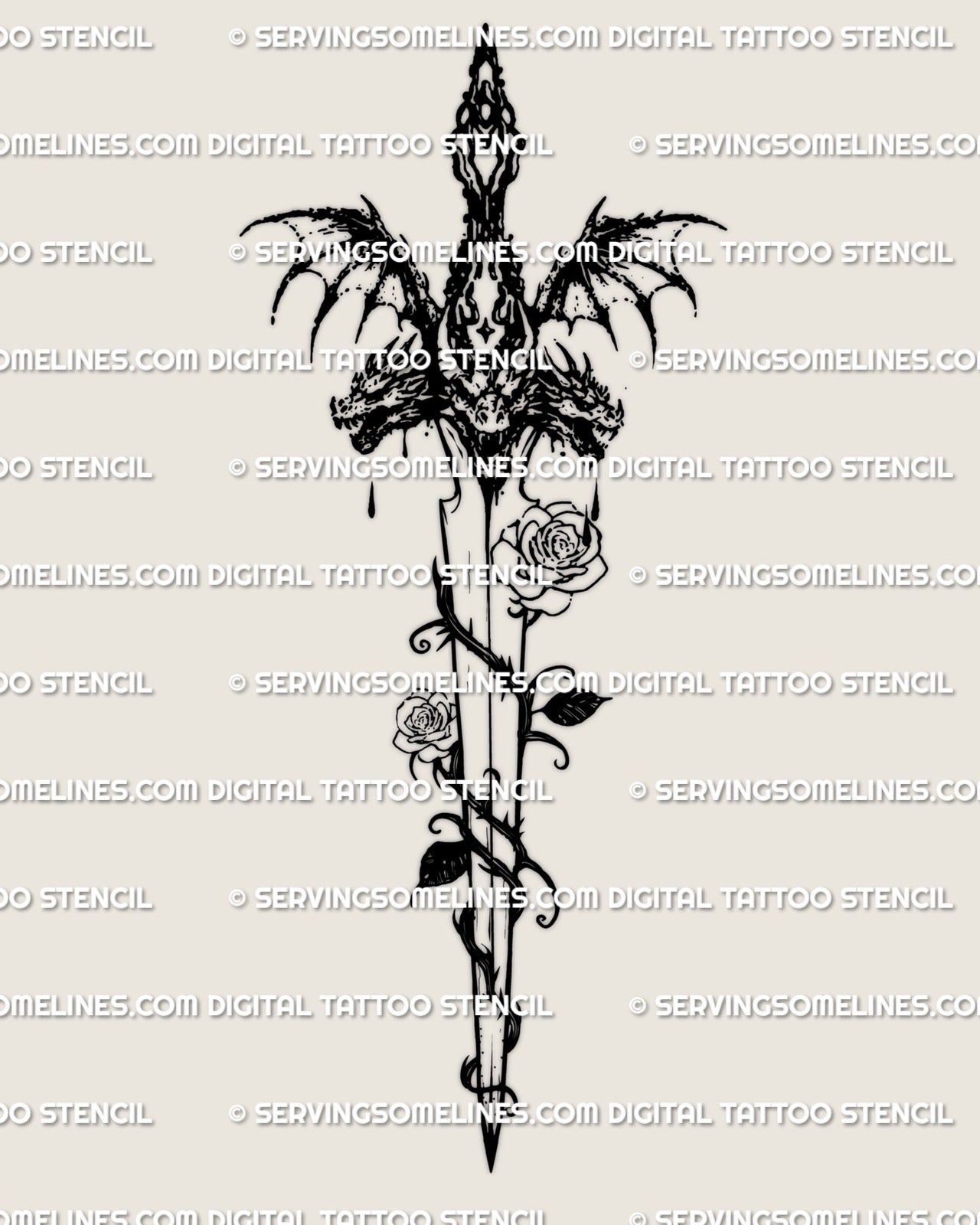 full design view of the rose thorn dagger tattoo stencil featuring dark romantic weapon elements and slayer inspired blade styling