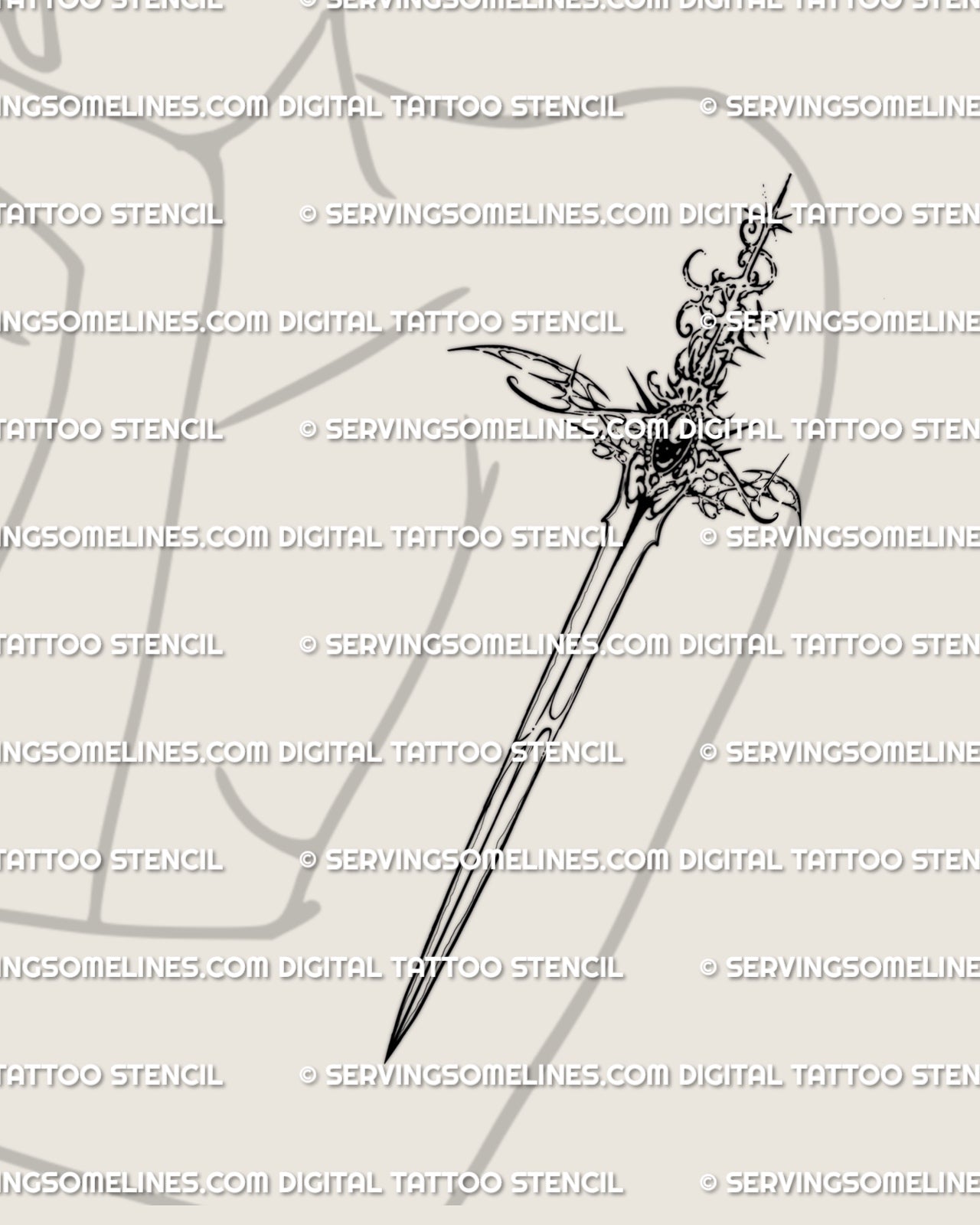 Gemstone dagger tattoo on womens upper arm with ornate gothic lines, slim blade shape, and fantasy inspired detailing for arm tattoo ideas. 