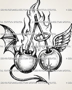 Close view of good and evil cherry tattoo stencil showing devil horns, angel halo, contrasting wings, stippled fruit shading, and flames