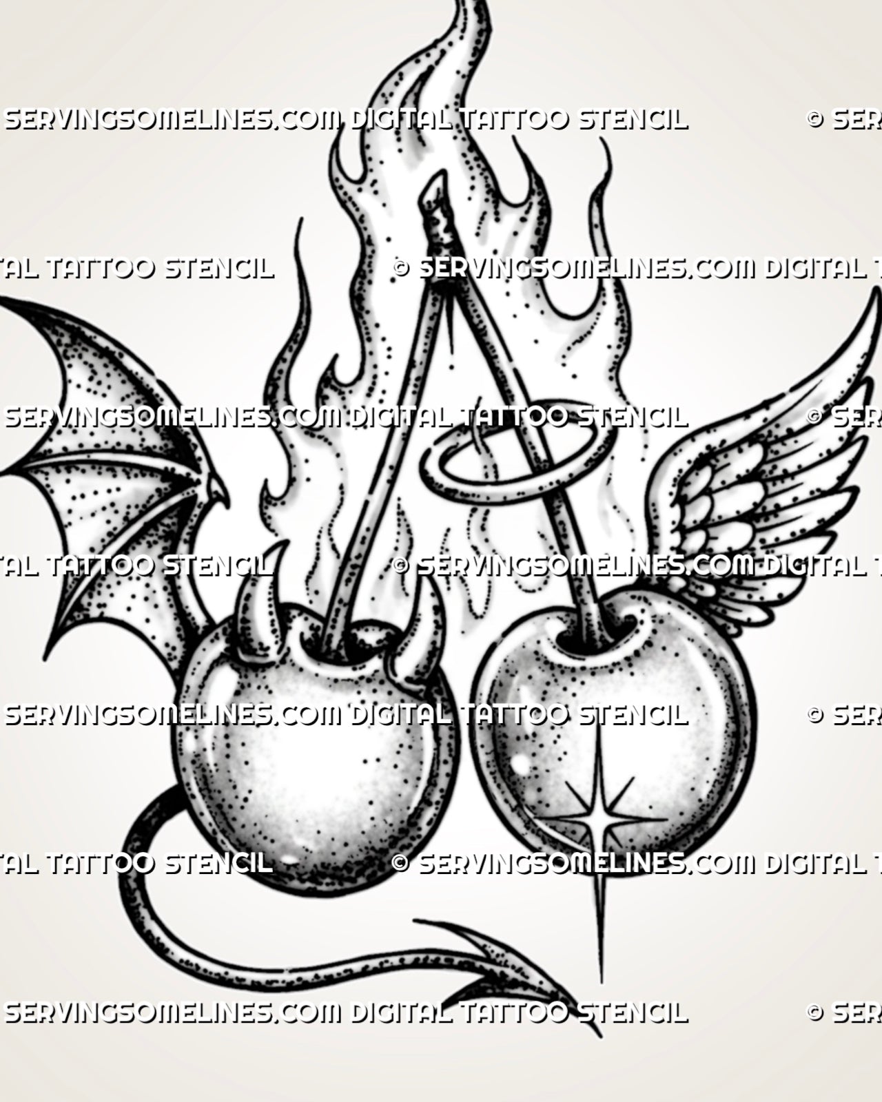 Close view of good and evil cherry tattoo stencil showing devil horns, angel halo, contrasting wings, stippled fruit shading, and flames
