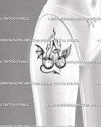 Good and evil cherry tattoo stencil shown on women’s thigh with angel and devil characters, contrasting wings, joined stems, and rising flame detail