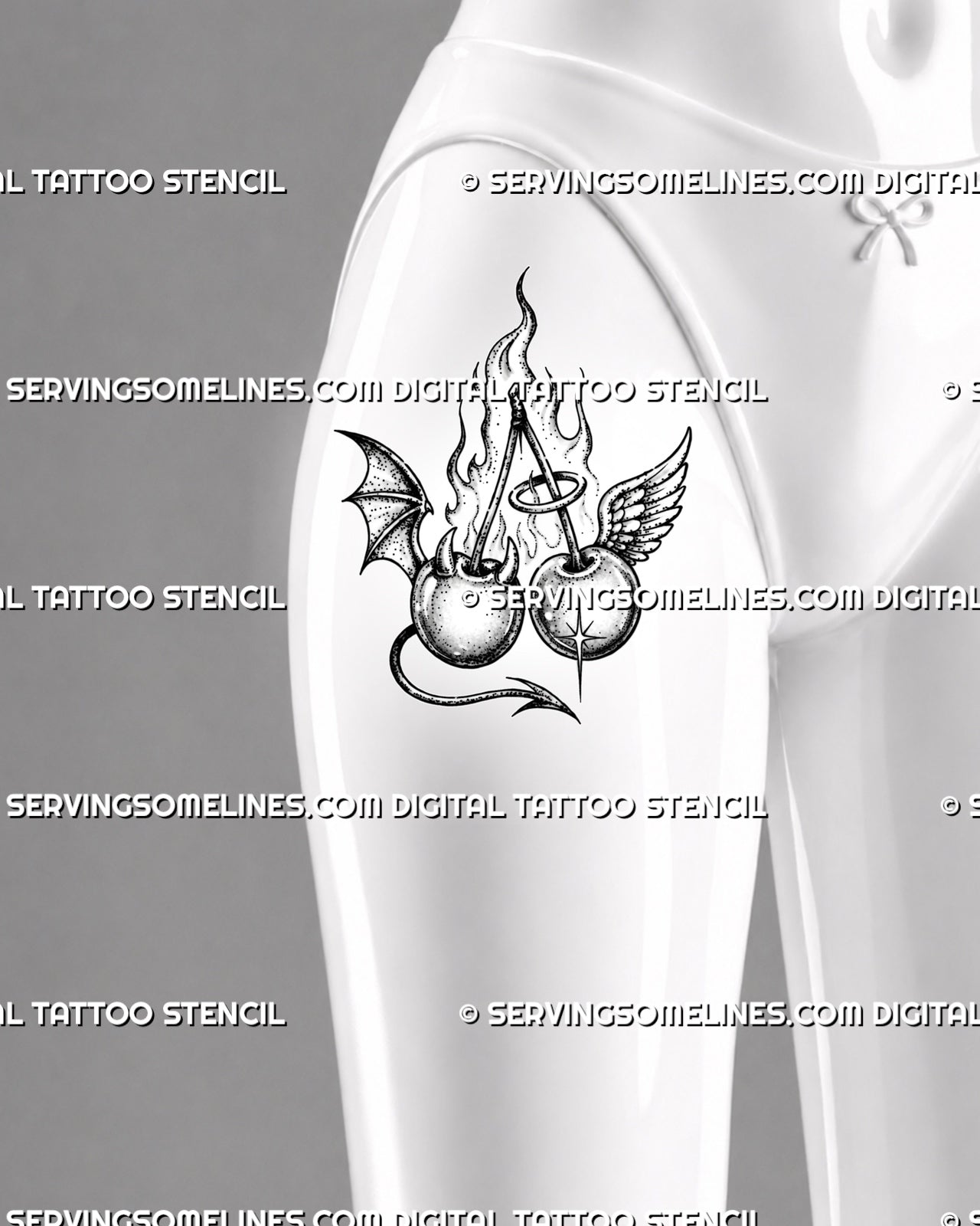 Good and evil cherry tattoo stencil shown on women’s thigh with angel and devil characters, contrasting wings, joined stems, and rising flame detail