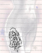 Gothic angel tattoo stencil displayed on women’s hip placement, with sword, wing detail, and cyber-sigil ornament below.