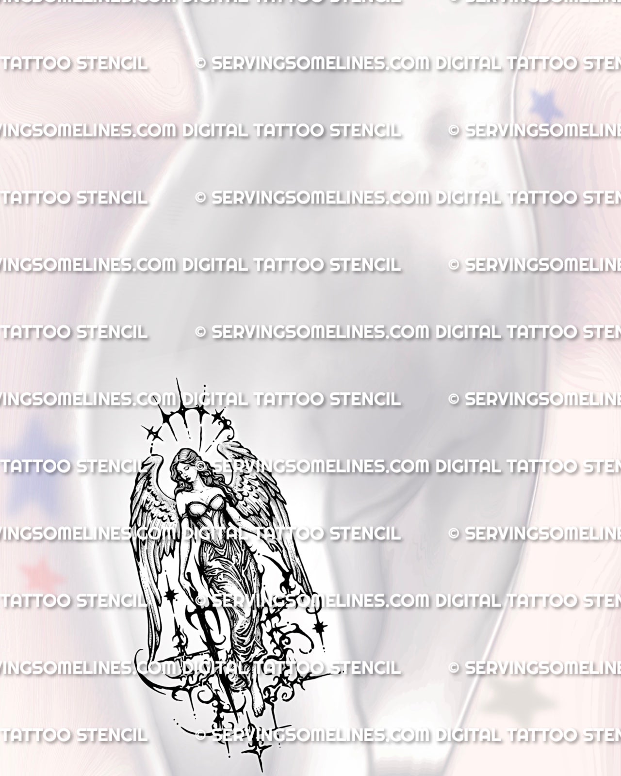 Gothic angel tattoo stencil displayed on women’s hip placement, with sword, wing detail, and cyber-sigil ornament below.