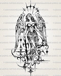 Gothic angel with sword tattoo stencil showing shaded wings, held sword, dark linework, and cyber-sigil ornament near the lower figure.