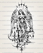 Gothic angel with sword tattoo stencil showing shaded wings, held sword, dark linework, and cyber-sigil ornament near the lower figure.