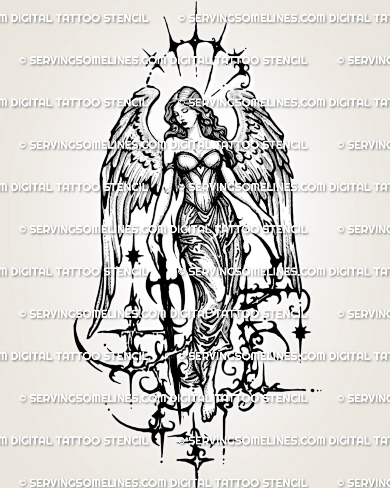 Gothic angel with sword tattoo stencil showing shaded wings, held sword, dark linework, and cyber-sigil ornament near the lower figure.