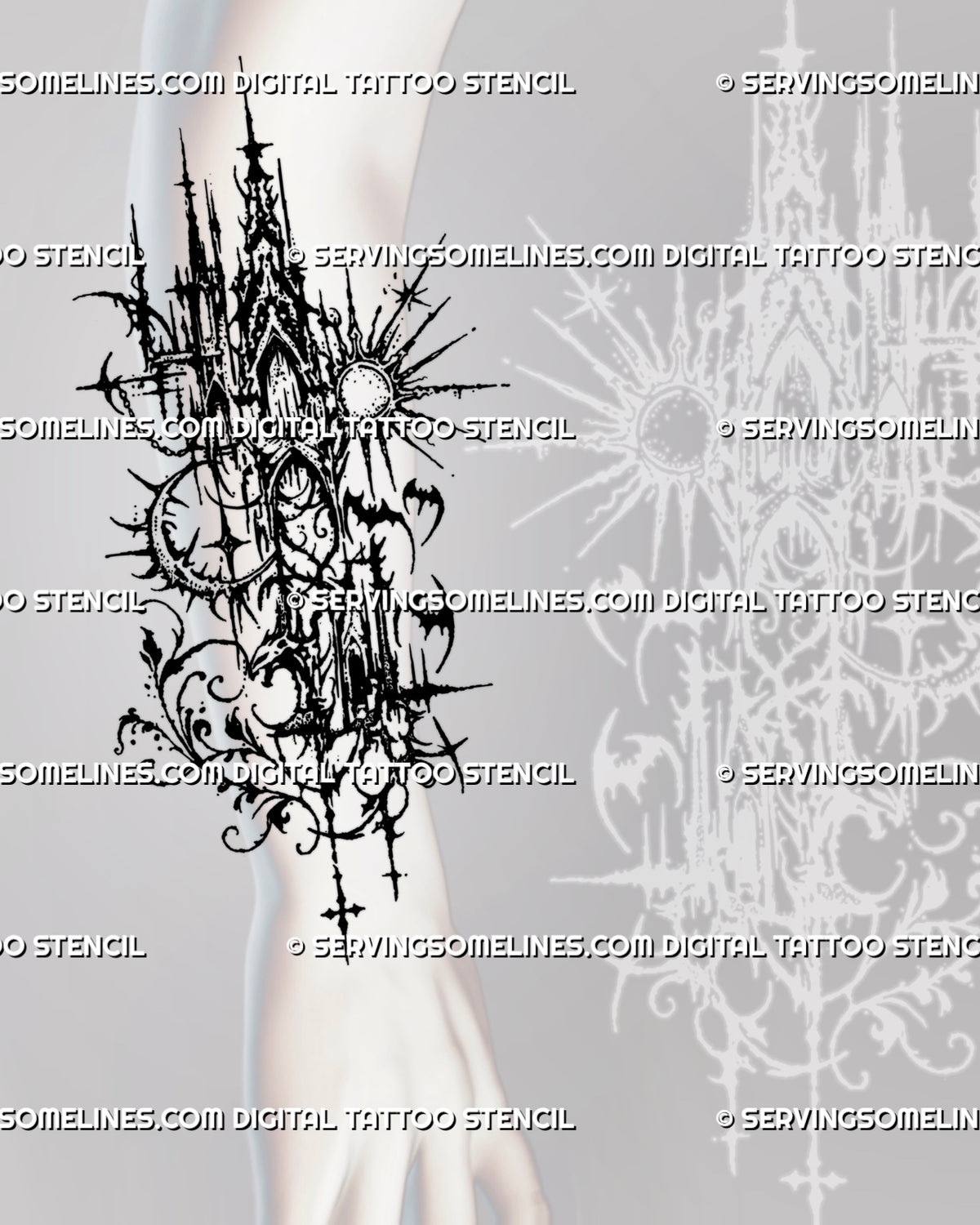 Forearm placement preview of a gothic architecture design, with ornamental blackwork, elongated spires, a crescent moon, radiating sun and leafy scrollwork.