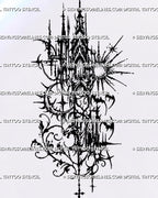 Gothic architecture tattoo stencil artwork with cathedral-inspired arches, a crescent moon, radiating sun, three bats and curling leafy ornament.