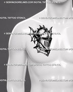 Gothic armor tattoo stencil shown on men’s side chest with medieval knight helmet, closed visor, riveted armor plates, and bold tattoo for men placement